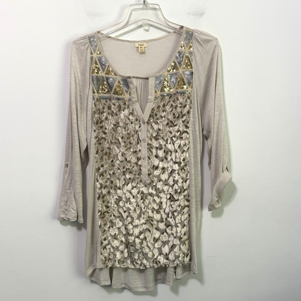 Anthropologie TINY Henley Top XL Sequin Crushed Velvet Animal Print Roll Tab